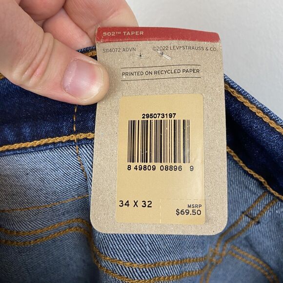 Levis 502 Jeans Mens 34x32 Blue Taper Stretch Denim Regular Fit Zip Fly New - Picture 8 of 14